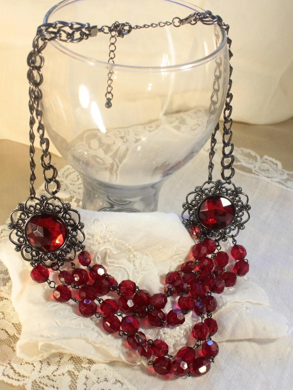 Red Crystal Multi-Strand Statement Necklace - Vintage-Inspired